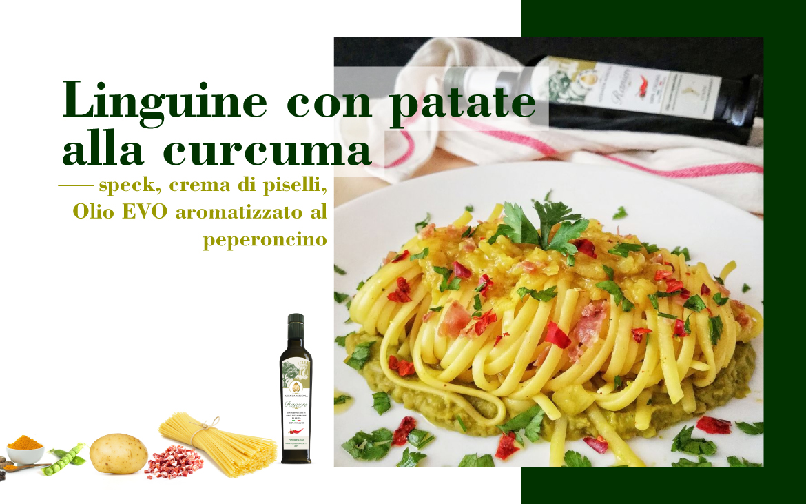 Linguine con patate, speck, cipolle e curcuma su letto di Crema di piselli con aggiunta a crudo di Olio evo aromatizzato al Peperoncino
